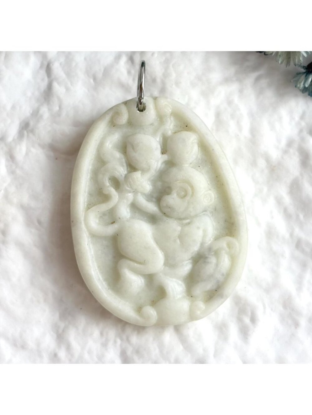 White Jade Stone Monkey Chinese Zodiac Carving Deity Vintage Pendant